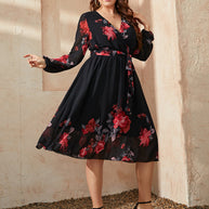 Honey Plus Size Floral Surplice Neck Tie Waist Dress-Dresses-Trendsi-[option4]-[option5]-[option6]-[option7]-[option8]-Shop-Boutique-Clothing-for-Women-Online