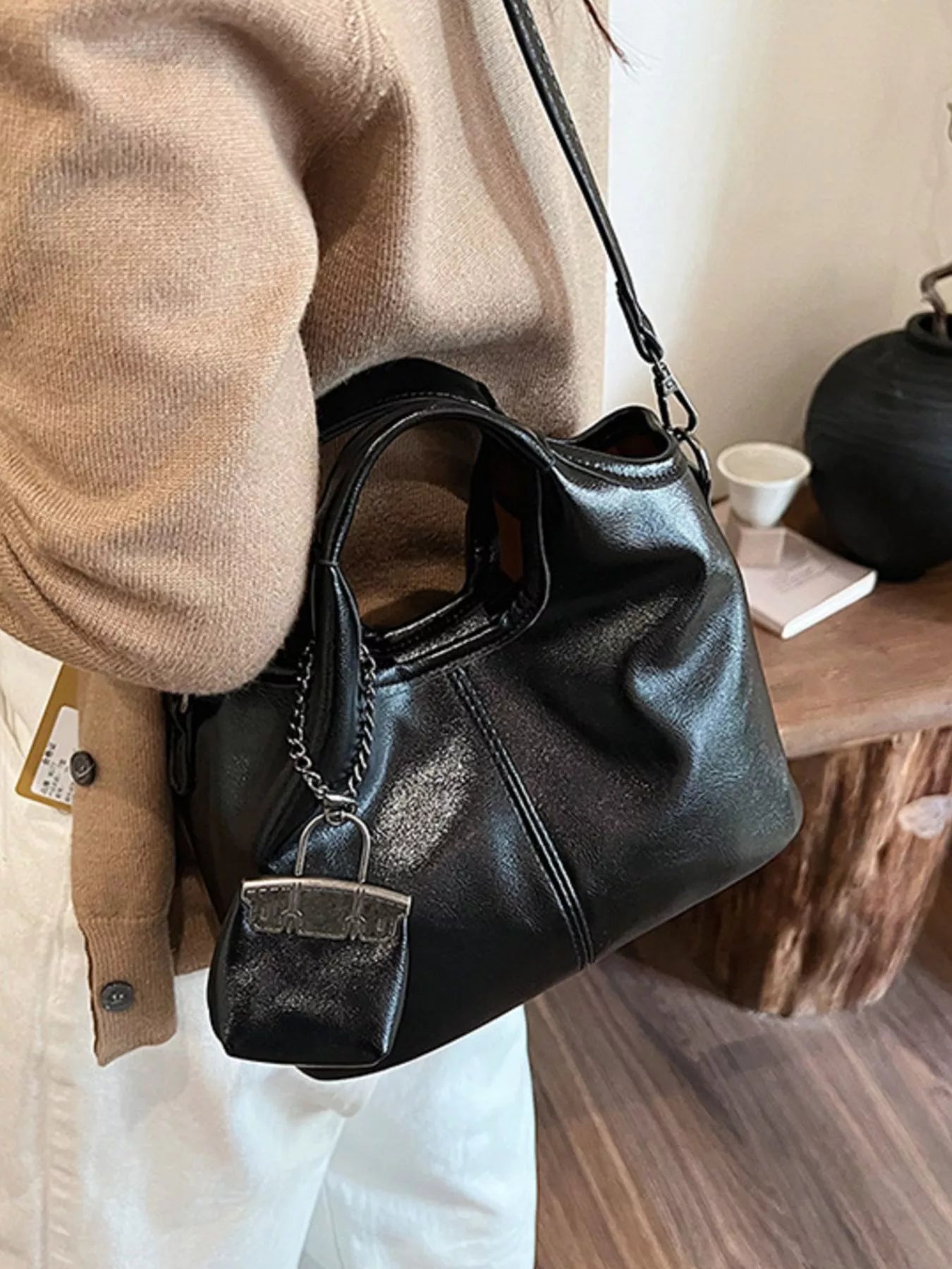 Leather Crossbody Bag with Charm-handbag-Trendsi-Black-One Size-[option4]-[option5]-[option6]-[option7]-[option8]-Shop-Boutique-Clothing-for-Women-Online