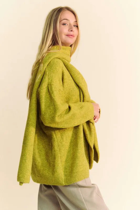 Davi & Dani V-Neck Dropped Shoulder Sweater with Scarf-Sweaters-Trendsi-[option4]-[option5]-[option6]-[option7]-[option8]-Shop-Boutique-Clothing-for-Women-Online