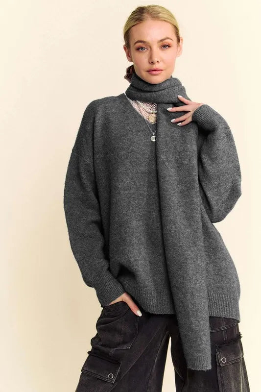 Davi & Dani V-Neck Dropped Shoulder Sweater with Scarf-Sweaters-Trendsi-Dark Gray-S-[option4]-[option5]-[option6]-[option7]-[option8]-Shop-Boutique-Clothing-for-Women-Online
