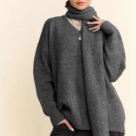 Davi & Dani V-Neck Dropped Shoulder Sweater with Scarf-Sweaters-Trendsi-Dark Gray-S-[option4]-[option5]-[option6]-[option7]-[option8]-Shop-Boutique-Clothing-for-Women-Online