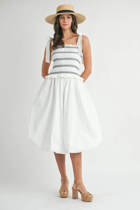MABLE Smocked Bodice Bubble Midi Dress-Dresses-Trendsi-Off White-S-[option4]-[option5]-[option6]-[option7]-[option8]-Shop-Boutique-Clothing-for-Women-Online