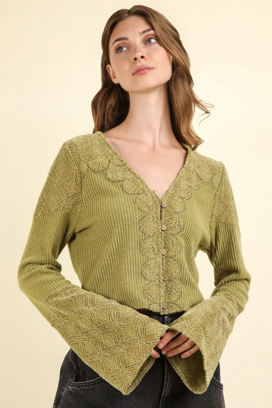 VERY J V-Neck Lace Detail Button Down Crop Ribbed Knit Top-Crop Tops-Trendsi-[option4]-[option5]-[option6]-[option7]-[option8]-Shop-Boutique-Clothing-for-Women-Online