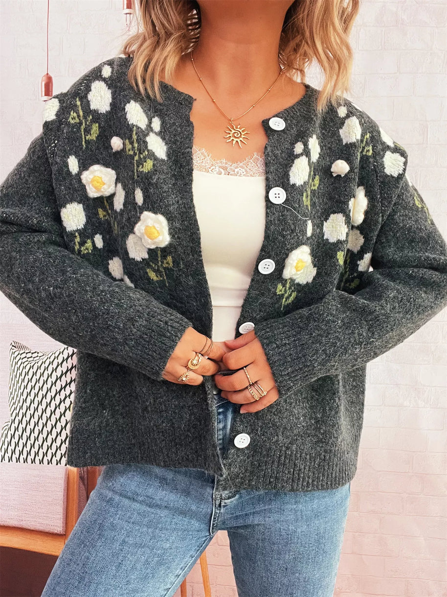 Flower Button Up Long Sleeve Cardigan-Cardigan-Trendsi-Dark Gray-One Size-[option4]-[option5]-[option6]-[option7]-[option8]-Shop-Boutique-Clothing-for-Women-Online
