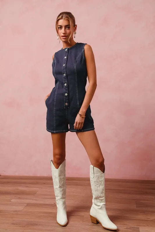SO ME Button Up Front Washed Denim Sleeveless Romper-Rompers-Trendsi-[option4]-[option5]-[option6]-[option7]-[option8]-Shop-Boutique-Clothing-for-Women-Online
