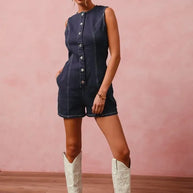 SO ME Button Up Front Washed Denim Sleeveless Romper-Rompers-Trendsi-[option4]-[option5]-[option6]-[option7]-[option8]-Shop-Boutique-Clothing-for-Women-Online