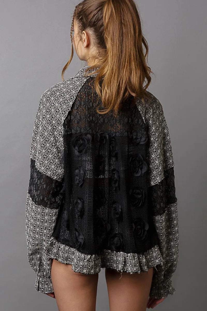 POL Eyelet Flower Pearl Detail Lace Patchwork Shirt-Shirts-Trendsi-[option4]-[option5]-[option6]-[option7]-[option8]-Shop-Boutique-Clothing-for-Women-Online