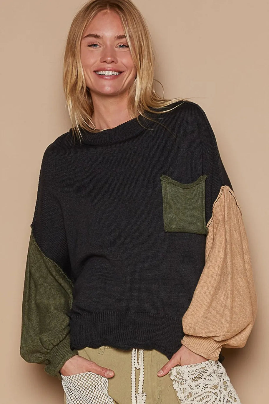 POL Color Block Roll Hem Hacci Sweater-Sweaters-Trendsi-Black-S-[option4]-[option5]-[option6]-[option7]-[option8]-Shop-Boutique-Clothing-for-Women-Online