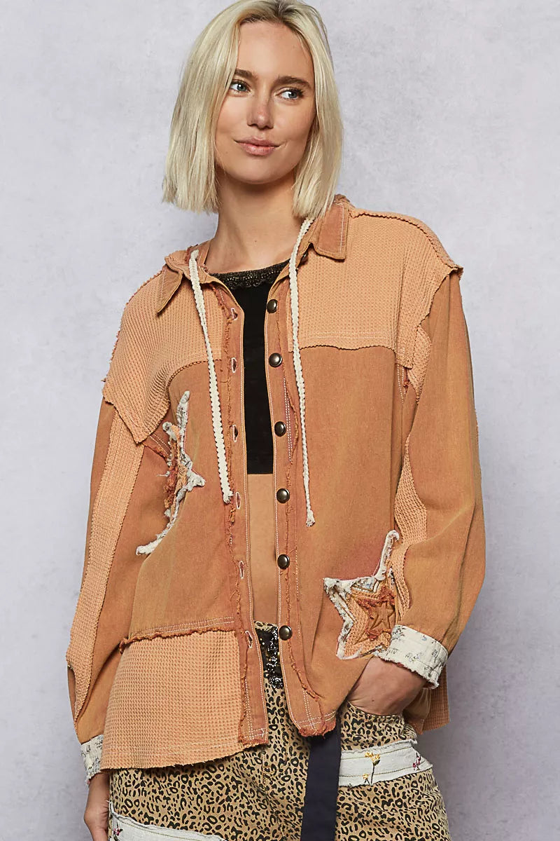 POL Button Down Hooded Jacket with with Star Patch Pattern-Coats & Jackets-Trendsi-[option4]-[option5]-[option6]-[option7]-[option8]-Shop-Boutique-Clothing-for-Women-Online