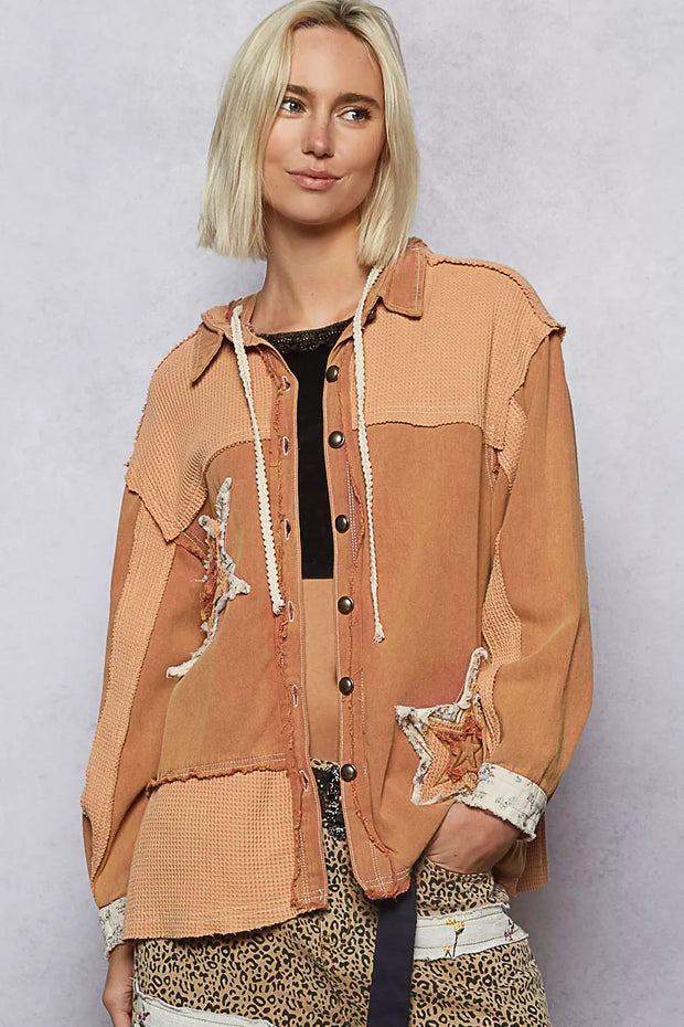 POL Button Down Hooded Jacket with with Star Patch Pattern-Coats & Jackets-Trendsi-[option4]-[option5]-[option6]-[option7]-[option8]-Shop-Boutique-Clothing-for-Women-Online
