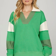 She + Sky Full Size Color Block Sleeve Johnny Collar French Terry Sweatshirt-Sweaters-Trendsi-Green-S-[option4]-[option5]-[option6]-[option7]-[option8]-Shop-Boutique-Clothing-for-Women-Online