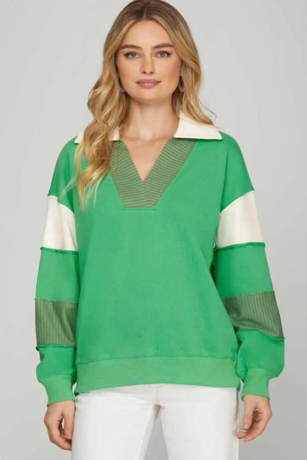 She + Sky Full Size Color Block Sleeve Johnny Collar French Terry Sweatshirt-Sweaters-Trendsi-Green-S-[option4]-[option5]-[option6]-[option7]-[option8]-Shop-Boutique-Clothing-for-Women-Online