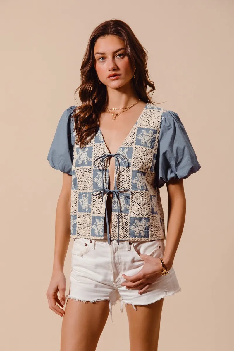 SO ME Crochet Lace Tie Front V Neck Blouse Top-Blouses-Trendsi-[option4]-[option5]-[option6]-[option7]-[option8]-Shop-Boutique-Clothing-for-Women-Online