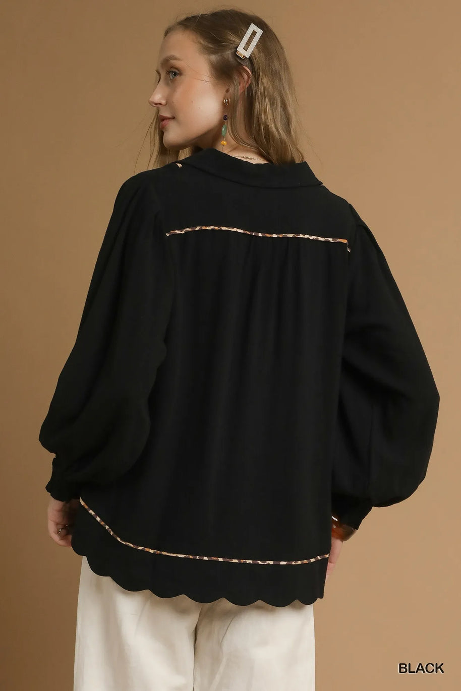 Linen Scallop Hem Blouse with Contrast Trim-Blouses-Trendsi-[option4]-[option5]-[option6]-[option7]-[option8]-Shop-Boutique-Clothing-for-Women-Online