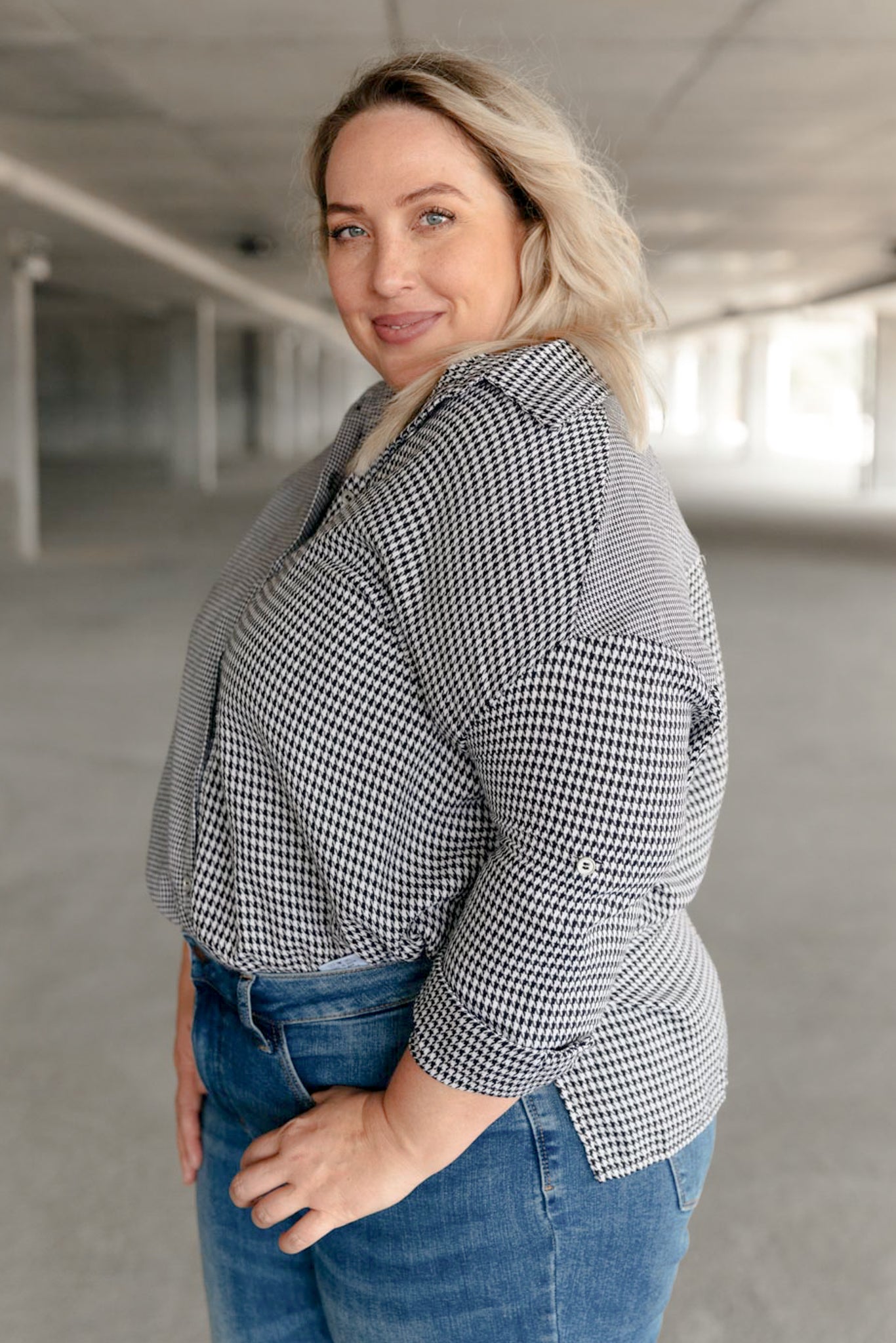 Mixed Houndstooth Button Up Top-Womens-Ave Shops-[option4]-[option5]-[option6]-[option7]-[option8]-Shop-Boutique-Clothing-for-Women-Online