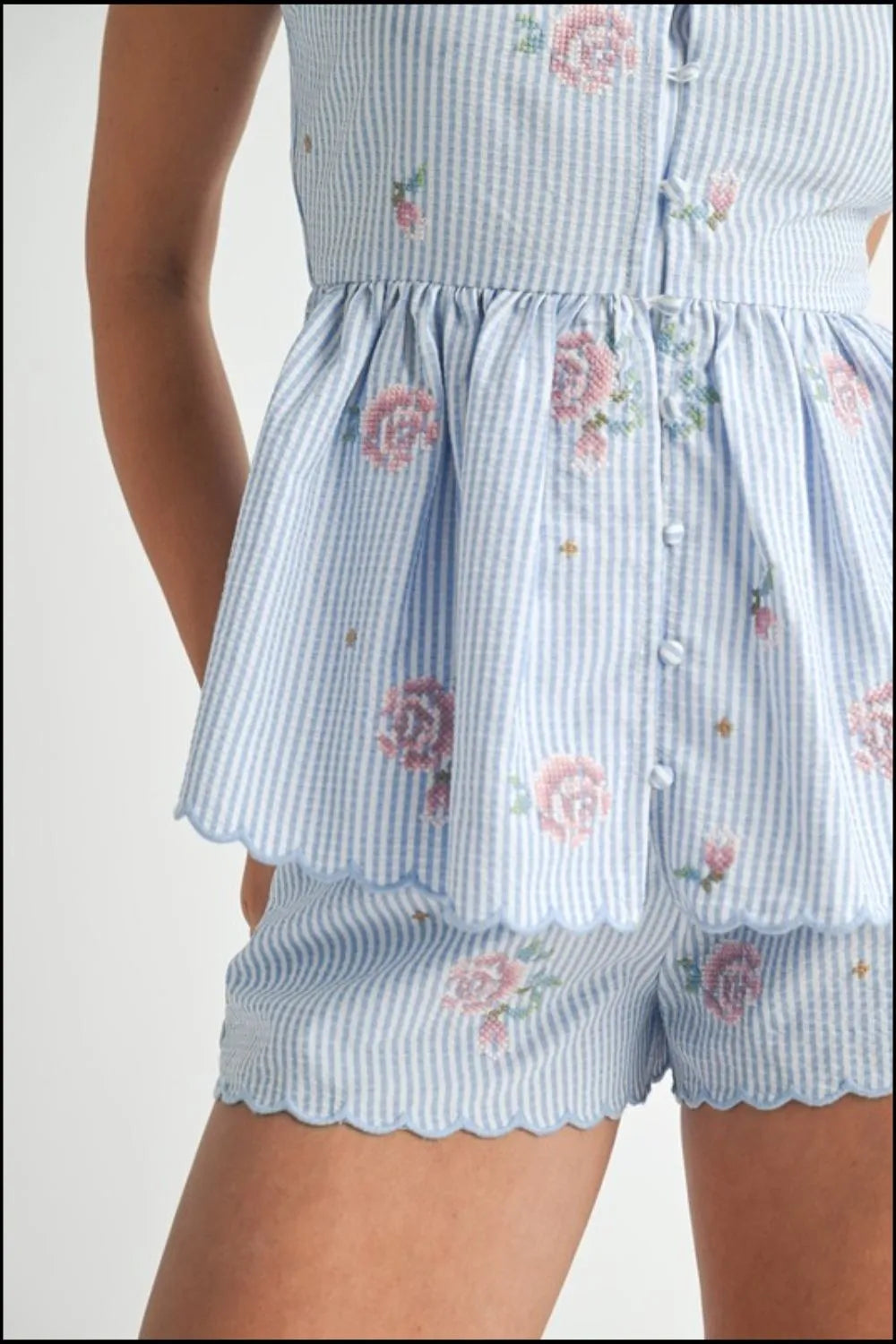 MABLE Stripe Embroidered Peplum Cami and Shorts Set-sets-Trendsi-[option4]-[option5]-[option6]-[option7]-[option8]-Shop-Boutique-Clothing-for-Women-Online