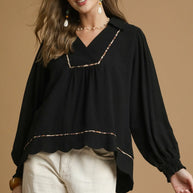 Linen Scallop Hem Blouse with Contrast Trim-Blouses-Trendsi-Black-S-[option4]-[option5]-[option6]-[option7]-[option8]-Shop-Boutique-Clothing-for-Women-Online