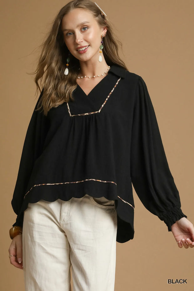 Linen Scallop Hem Blouse with Contrast Trim-Blouses-Trendsi-Black-S-[option4]-[option5]-[option6]-[option7]-[option8]-Shop-Boutique-Clothing-for-Women-Online
