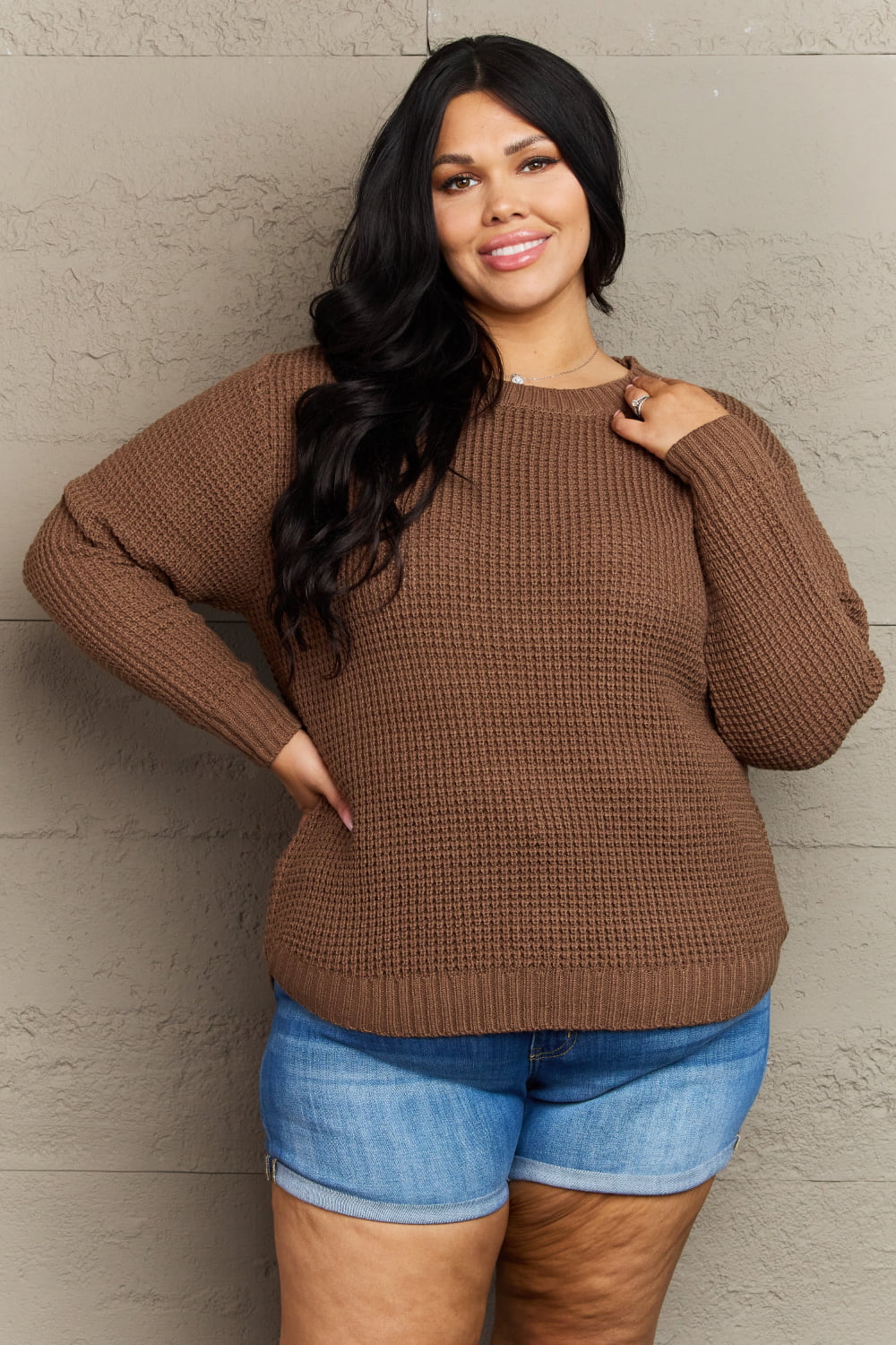 Zenana Breezy Days Plus Size High Low Waffle Knit Sweater-Sweaters-Trendsi-Brown-1XL-[option4]-[option5]-[option6]-[option7]-[option8]-Shop-Boutique-Clothing-for-Women-Online