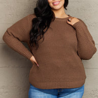 Zenana Breezy Days Plus Size High Low Waffle Knit Sweater-Sweaters-Trendsi-Brown-1XL-[option4]-[option5]-[option6]-[option7]-[option8]-Shop-Boutique-Clothing-for-Women-Online