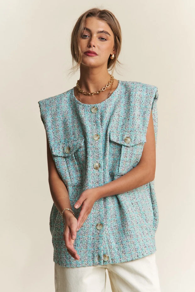 J.NNA Frayed Tweed Padded Shoulder Vest-Vest-Trendsi-Celeste Blue-S-[option4]-[option5]-[option6]-[option7]-[option8]-Shop-Boutique-Clothing-for-Women-Online