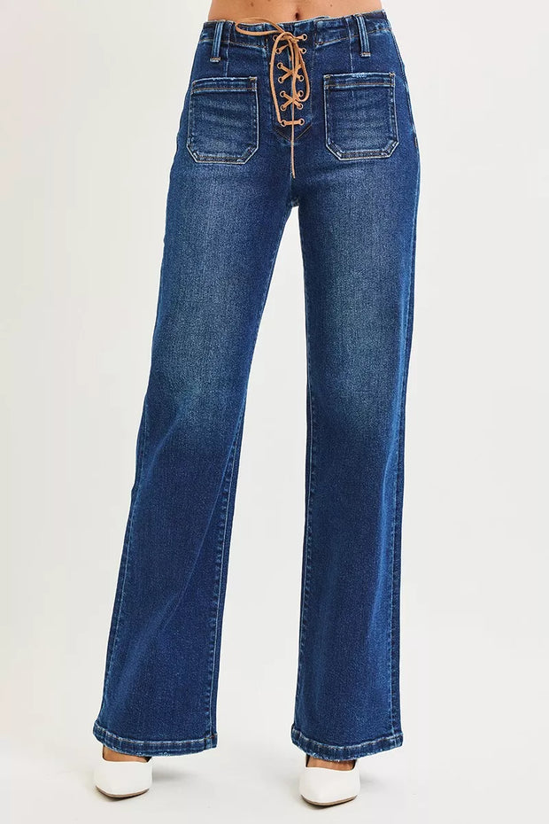 RISEN Full Size High Rise Wide Leg Jeans with Front Tie Detail Plus Size-Jeans-Trendsi-DARK-0-[option4]-[option5]-[option6]-[option7]-[option8]-Shop-Boutique-Clothing-for-Women-Online