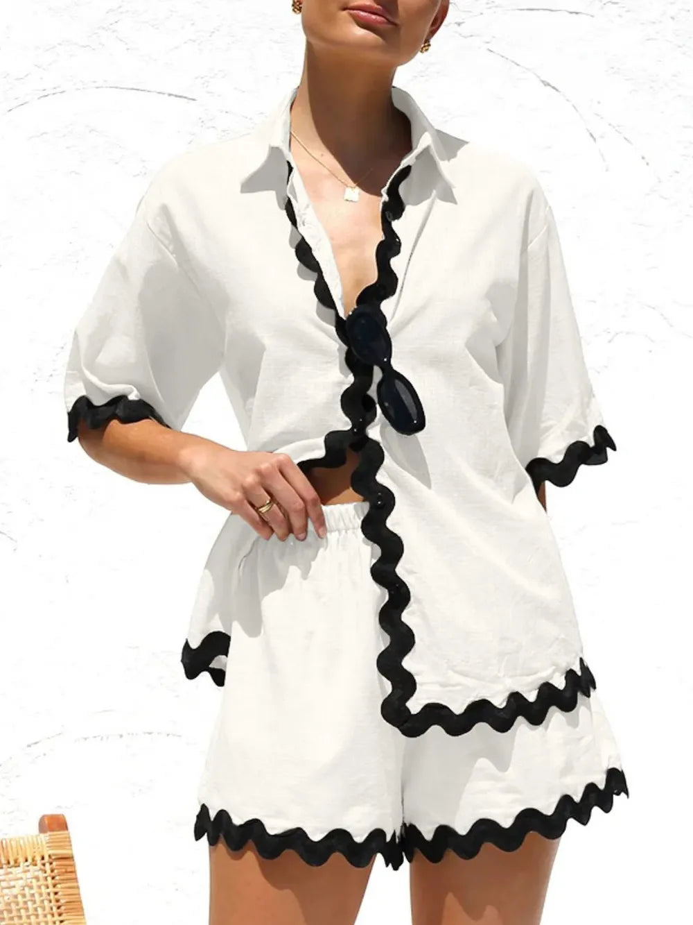 Contrast Trim Half Sleeve Top and Shorts Set-Sets-Trendsi-[option4]-[option5]-[option6]-[option7]-[option8]-Shop-Boutique-Clothing-for-Women-Online