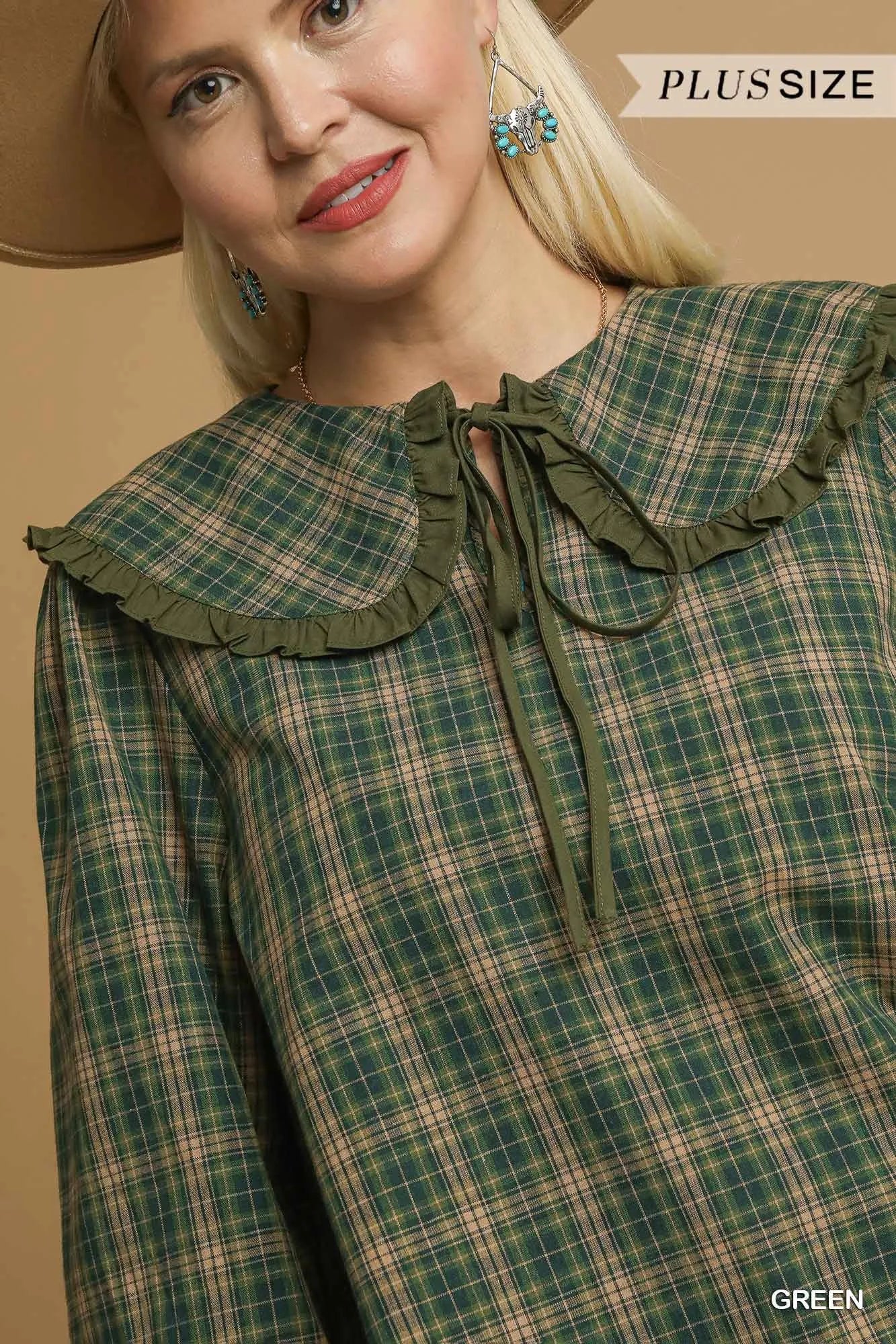 Umgee Full Size Plaid Ruffle Collar Blouse-Blouses-Trendsi-[option4]-[option5]-[option6]-[option7]-[option8]-Shop-Boutique-Clothing-for-Women-Online