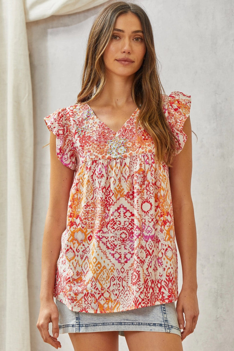Babydoll Print Top with Floral Embroidery-Tops-Ave Shops-[option4]-[option5]-[option6]-[option7]-[option8]-Shop-Boutique-Clothing-for-Women-Online