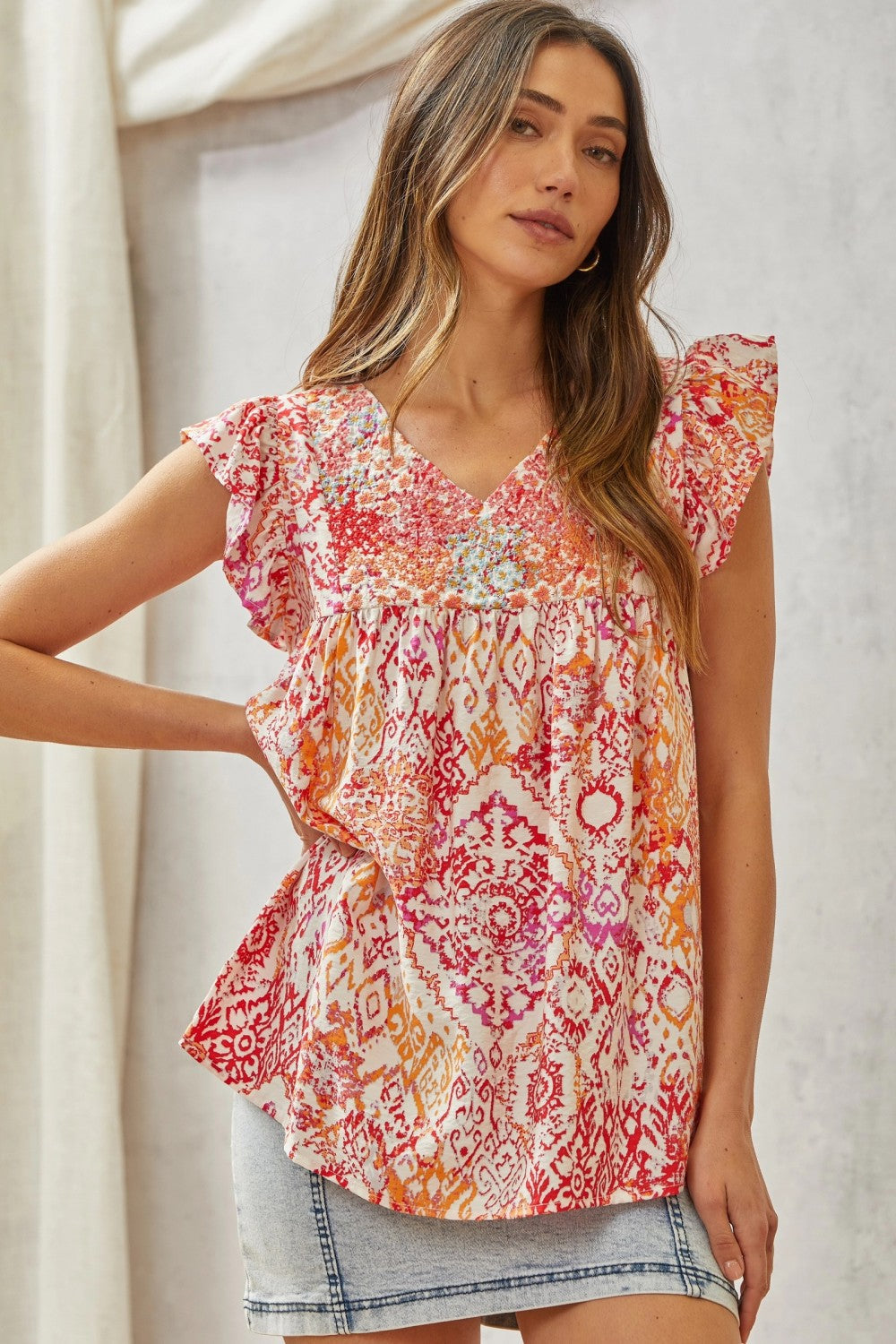 Babydoll Print Top with Floral Embroidery-Tops-Ave Shops-[option4]-[option5]-[option6]-[option7]-[option8]-Shop-Boutique-Clothing-for-Women-Online