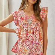 Babydoll Print Top with Floral Embroidery-Tops-Ave Shops-[option4]-[option5]-[option6]-[option7]-[option8]-Shop-Boutique-Clothing-for-Women-Online