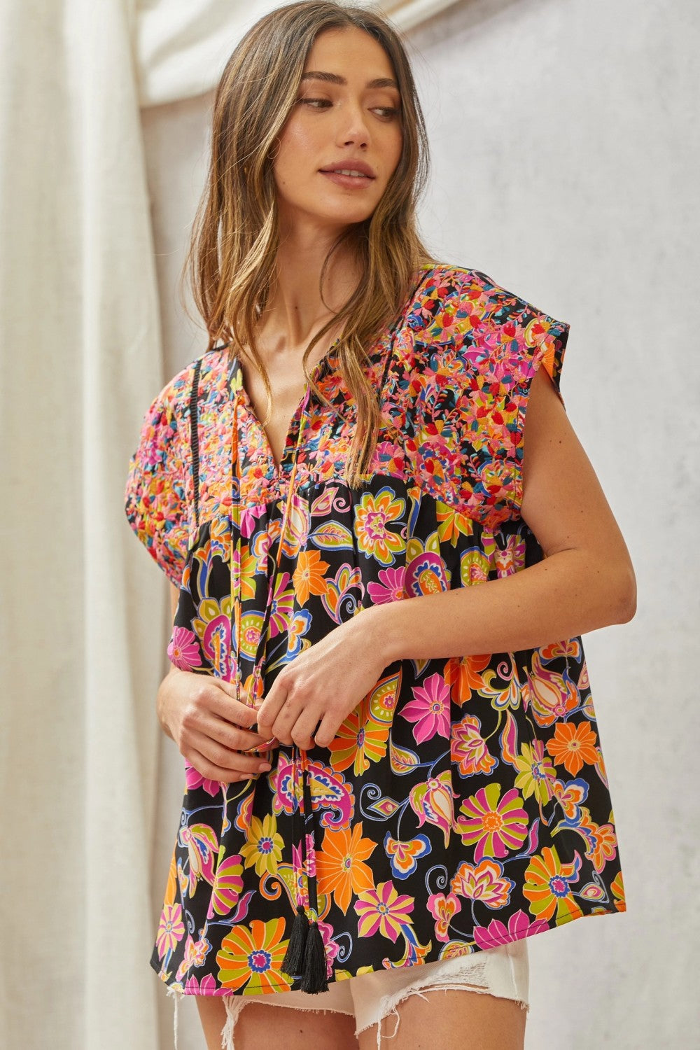 Multicolored Print Babydoll Top with Floral Embroidery-Tops-Ave Shops-[option4]-[option5]-[option6]-[option7]-[option8]-Shop-Boutique-Clothing-for-Women-Online