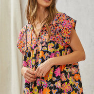 Multicolored Print Babydoll Top with Floral Embroidery-Tops-Ave Shops-[option4]-[option5]-[option6]-[option7]-[option8]-Shop-Boutique-Clothing-for-Women-Online