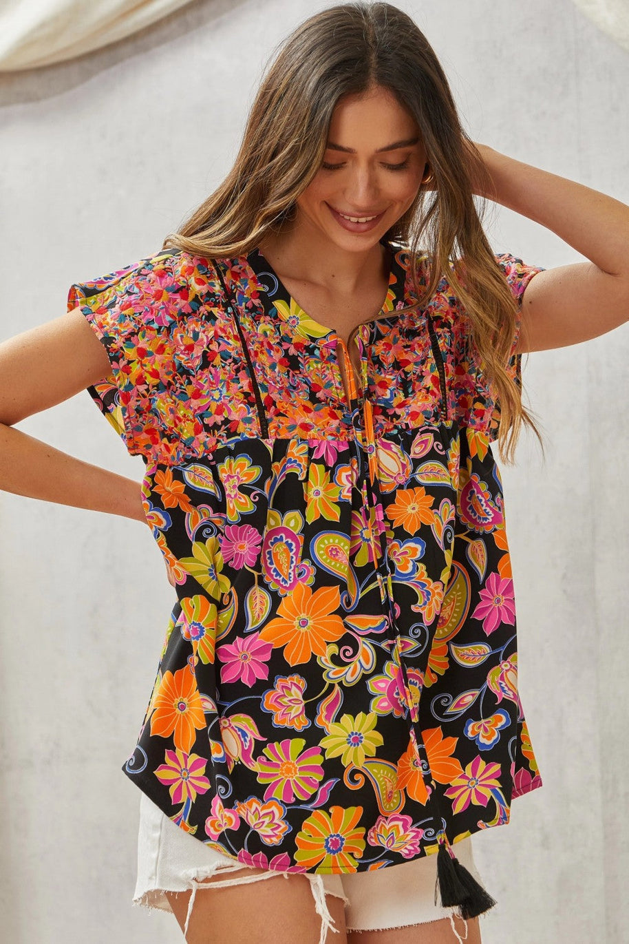 Multicolored Print Babydoll Top with Floral Embroidery-Tops-Ave Shops-[option4]-[option5]-[option6]-[option7]-[option8]-Shop-Boutique-Clothing-for-Women-Online