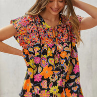Multicolored Print Babydoll Top with Floral Embroidery-Tops-Ave Shops-[option4]-[option5]-[option6]-[option7]-[option8]-Shop-Boutique-Clothing-for-Women-Online
