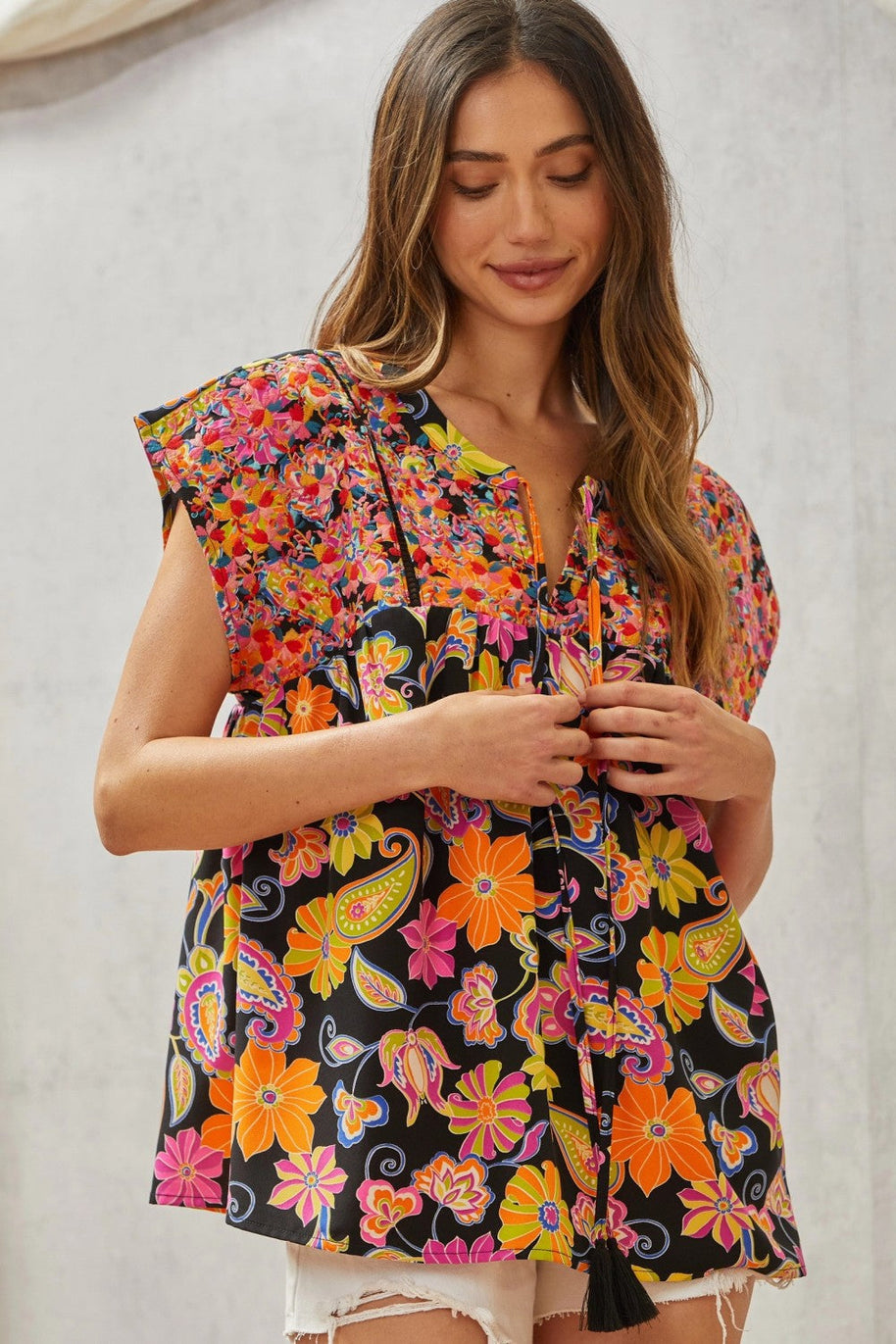 Multicolored Print Babydoll Top with Floral Embroidery-Tops-Ave Shops-[option4]-[option5]-[option6]-[option7]-[option8]-Shop-Boutique-Clothing-for-Women-Online