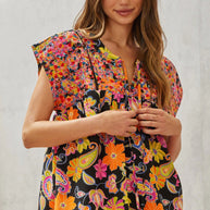 Multicolored Print Babydoll Top with Floral Embroidery-Tops-Ave Shops-[option4]-[option5]-[option6]-[option7]-[option8]-Shop-Boutique-Clothing-for-Women-Online