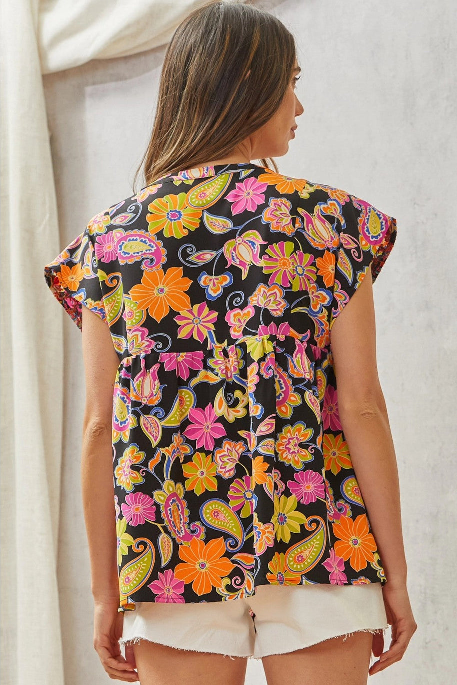 Multicolored Print Babydoll Top with Floral Embroidery-Tops-Ave Shops-[option4]-[option5]-[option6]-[option7]-[option8]-Shop-Boutique-Clothing-for-Women-Online