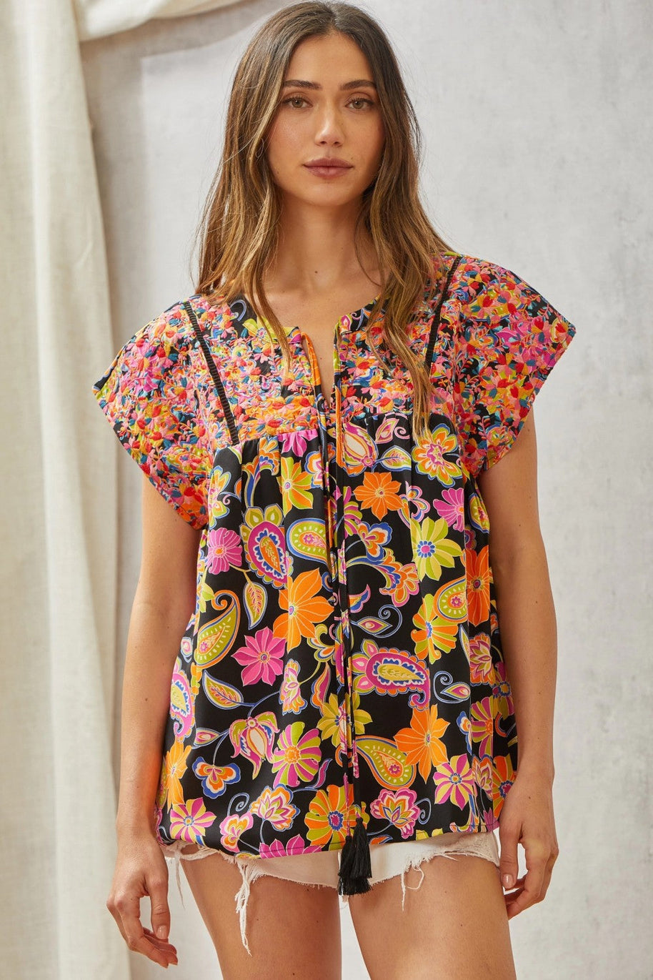 Multicolored Print Babydoll Top with Floral Embroidery-Tops-Ave Shops-[option4]-[option5]-[option6]-[option7]-[option8]-Shop-Boutique-Clothing-for-Women-Online