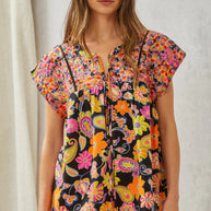 Multicolored Print Babydoll Top with Floral Embroidery-Tops-Ave Shops-[option4]-[option5]-[option6]-[option7]-[option8]-Shop-Boutique-Clothing-for-Women-Online