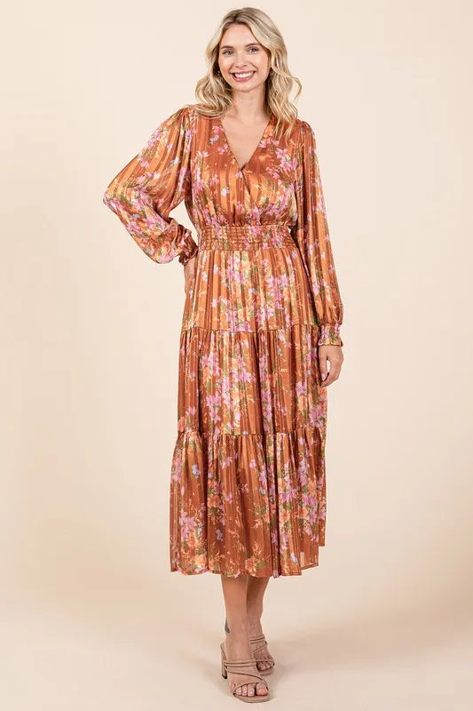 Mittoshop Flower Print Satin Lurex Stripe Smocked Midi Dress-Dresses-Trendsi-[option4]-[option5]-[option6]-[option7]-[option8]-Shop-Boutique-Clothing-for-Women-Online