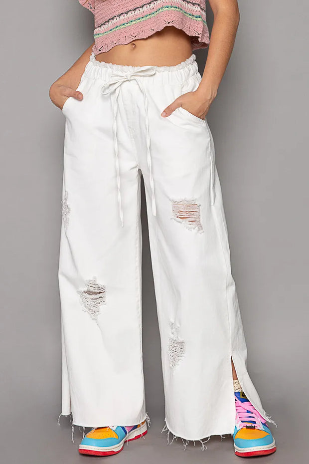 POL Distressed Drawstring Slit Wide leg Pants-Pants-Trendsi-White-S-[option4]-[option5]-[option6]-[option7]-[option8]-Shop-Boutique-Clothing-for-Women-Online