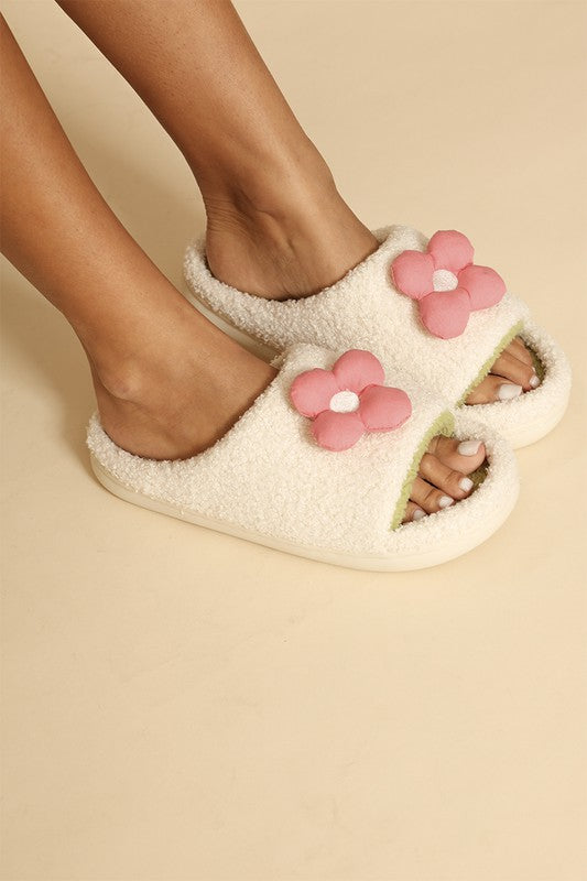 Sherpa slippers with contrast 3D flower detail-Miss Sparkling-[option4]-[option5]-[option6]-[option7]-[option8]-Shop-Boutique-Clothing-for-Women-Online