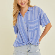 Light Airy Stripe Gauze Button Down Shirt in Ocean Blue-Womens-Ave Shops-[option4]-[option5]-[option6]-[option7]-[option8]-Shop-Boutique-Clothing-for-Women-Online