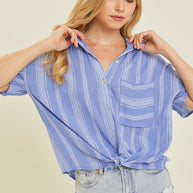 Light Airy Stripe Gauze Button Down Shirt in Ocean Blue-Womens-Ave Shops-[option4]-[option5]-[option6]-[option7]-[option8]-Shop-Boutique-Clothing-for-Women-Online
