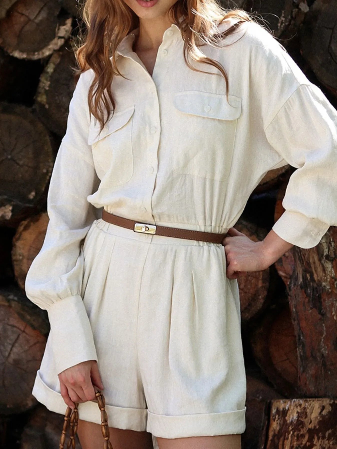 Casual Button Front Long Sleeve Romper-Sets-Trendsi-Beige-S-[option4]-[option5]-[option6]-[option7]-[option8]-Shop-Boutique-Clothing-for-Women-Online