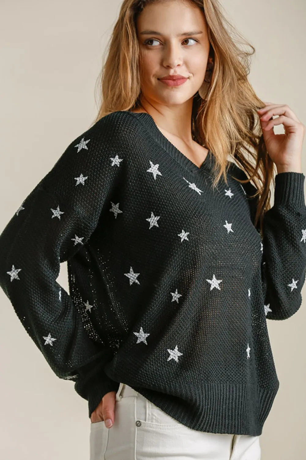 Umgee Full Size Star V-Neck Long Sleeve Sweater-Blouses-Trendsi-Black-S-[option4]-[option5]-[option6]-[option7]-[option8]-Shop-Boutique-Clothing-for-Women-Online