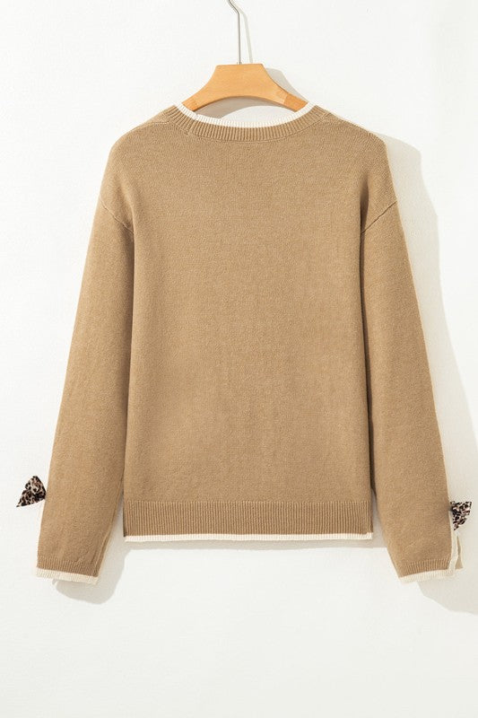 Leopard Bow Split Cuff Contrast Trim Sweater-JUNIPER BLVD-[option4]-[option5]-[option6]-[option7]-[option8]-Shop-Boutique-Clothing-for-Women-Online