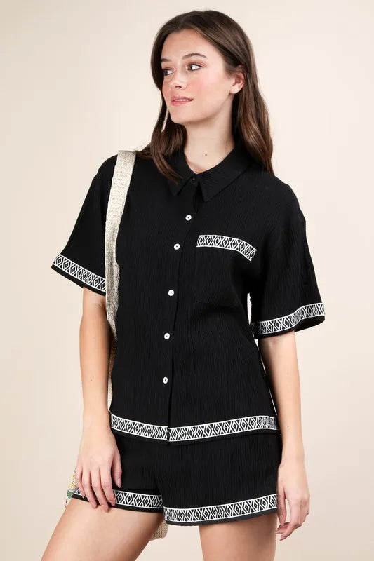 VERY J Crinkled Woven Shirt Top & Shorts Set-2 piece set-Trendsi-[option4]-[option5]-[option6]-[option7]-[option8]-Shop-Boutique-Clothing-for-Women-Online
