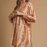 Umgee Leaf Print Notched Mini Babydoll Dress-Dresses-Trendsi-[option4]-[option5]-[option6]-[option7]-[option8]-Shop-Boutique-Clothing-for-Women-Online